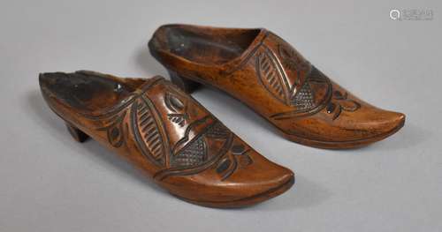 A Pair of 19th Century Treen Carved Boxwood Miniature Shoes,...