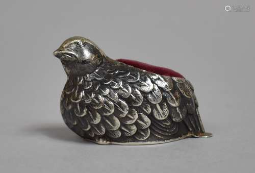 A Small Silver Pin Cushion in the Form of a Quail, 5cms Long...