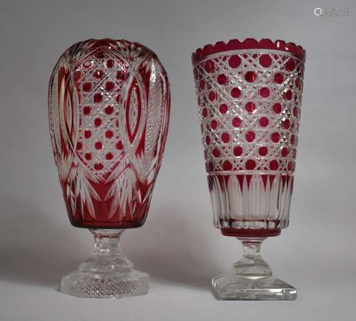 Two Large Bohemian Cranberry Overlay Cut Glass Pedestal Vase...