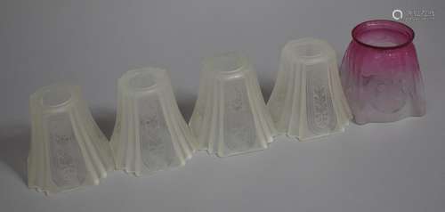 A Set of Four Frosted Glass Shades together with a Single Fr...