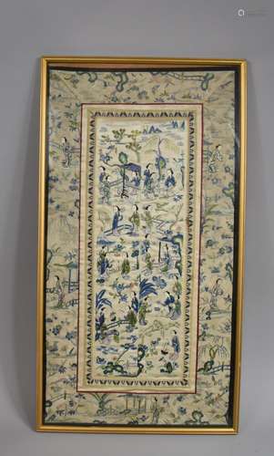 A Framed Chinese Silk Embroidered Sleeve Panel Depicting Mai...