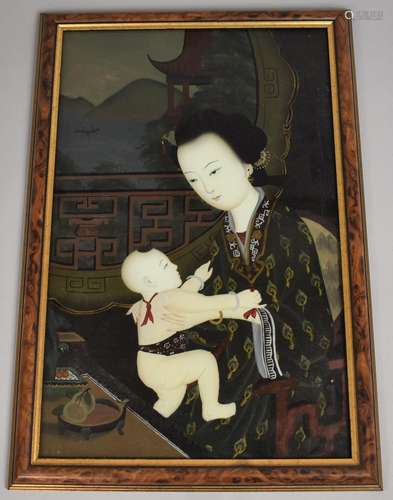 A Chinese Reverse Painted on Glass Study of Mother and Child...