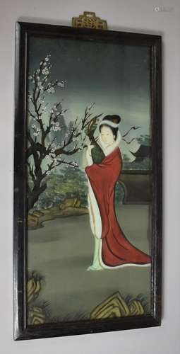 A Chinese Reverse Painted Full Length Portrait of Maiden wit...