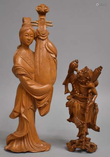 A Carved Chinese Wooden Figure of Maiden Holding Pipa Lute i...