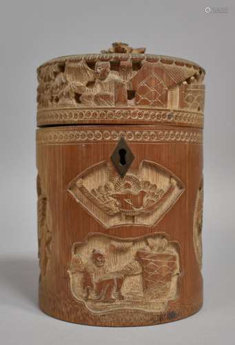 A Chinese Cylindrical Bamboo Tea Caddy having Intricately Ca...