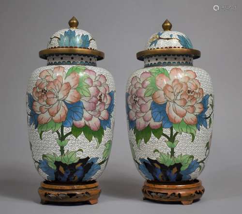 A Pair of 20th Century Chinese Cloisonne Lidded Vases Decora...