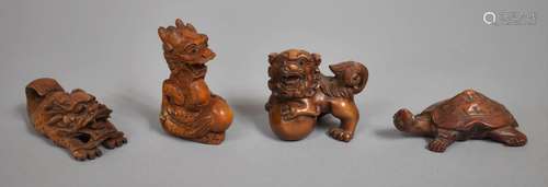 Four Japanese Carved Boxwood Okimono, The Largest 7cms Long