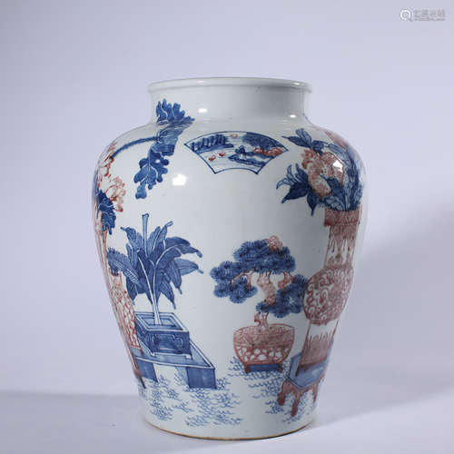 Clear - blue and white glazed red jar