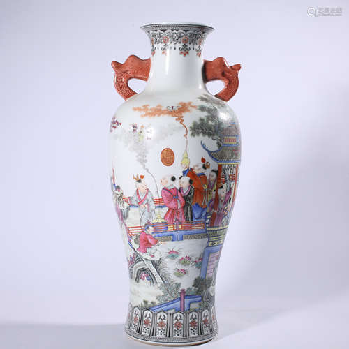 Qing - Qianlong powder enamel vase with two ears