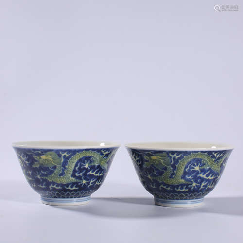 Qing - Guangxu blue bottom yellow bowl pair