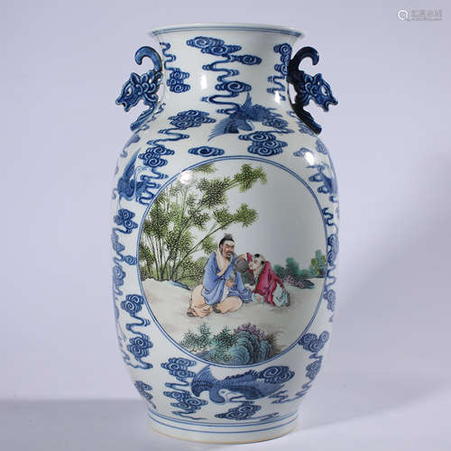 Qing dynasty - Qianlong blue and white powder enamel vase wi...