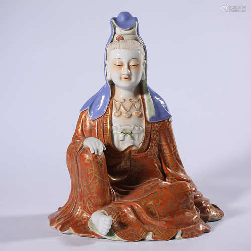 Qing - Kangxi pastel sitting guanyin statue