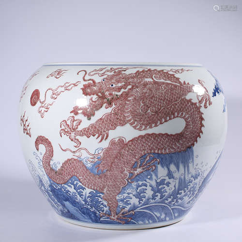 Qing - Kangxi blue and white glaze red VAT