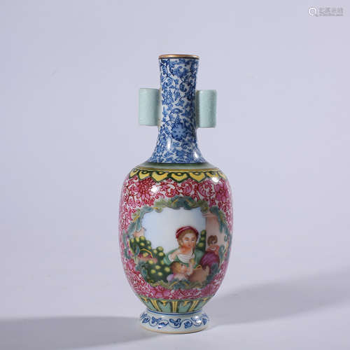 Qing - Qianlong powder enamel vase with ear