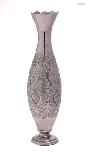 A Middle Eastern silver vase: with flared rim and slender ov...