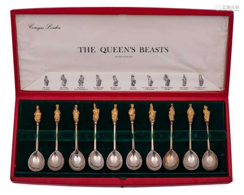 An Elizabeth II set of ten The Queens Beasts silver spoons, ...