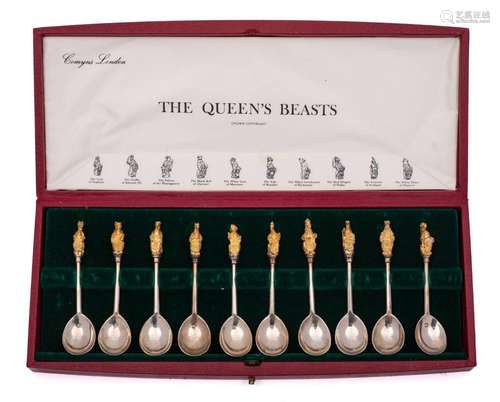 An Elizabeth II set of ten The Queens Beasts silver spoons, ...