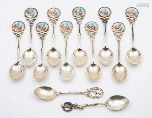 A matched set of ten silver and enamel teaspoons, various ma...