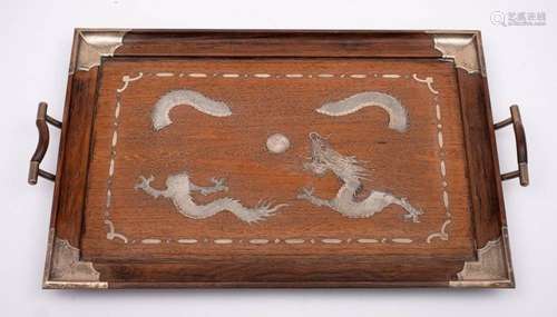 A Chinese hardwood and silver mounted twin handled serving t...