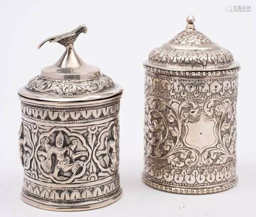 An Indian silver jar and cover: of cylindrical outline, with...