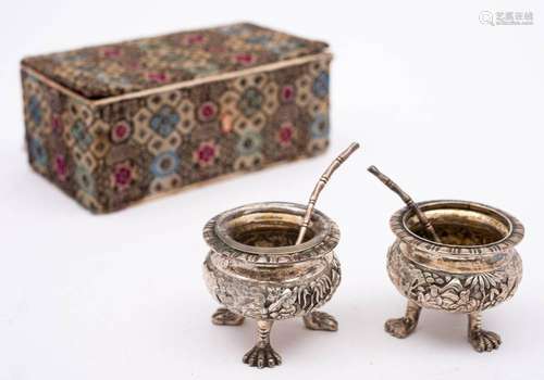 A pair of Chinese silver circular salts maker Wang Hing &...