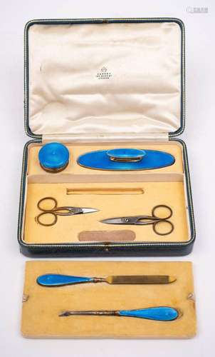 A George V silver and blue enamel manicure set for Asprey, L...