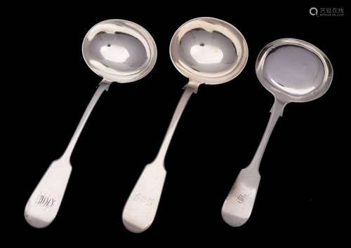 Three Victorian provincial silver Fiddle pattern sauce ladle...