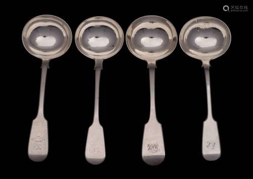 Four Victorian silver Fiddle pattern sauce ladles, various m...