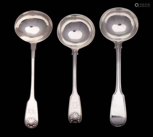 Three George IV and later silver Fiddle pattern sauce ladles...