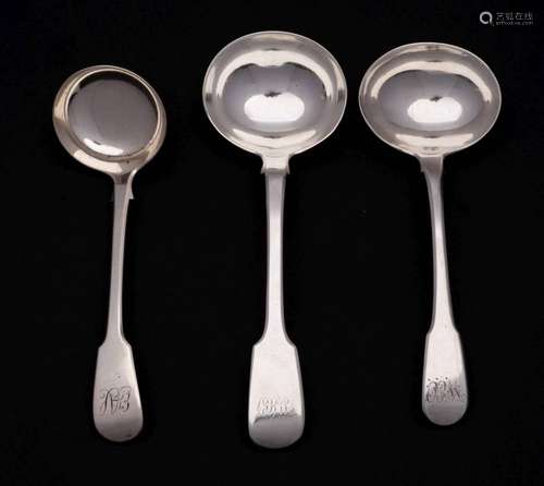 Three George III and later silver Fiddle pattern sauce ladle...