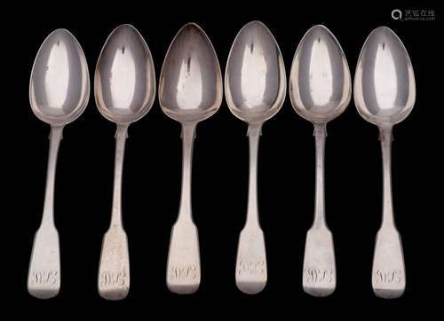 A set of five George IV silver Fiddle pattern tablespoons, m...