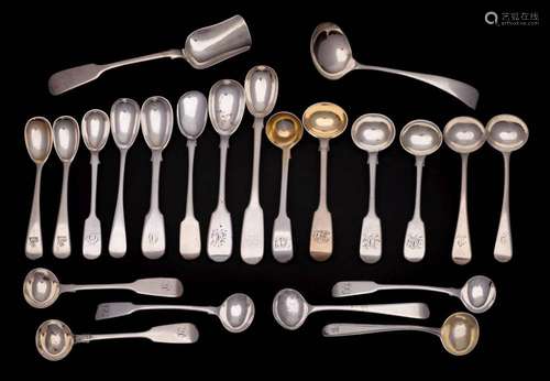 A collection of assorted silver mustard spoons, preserve spo...