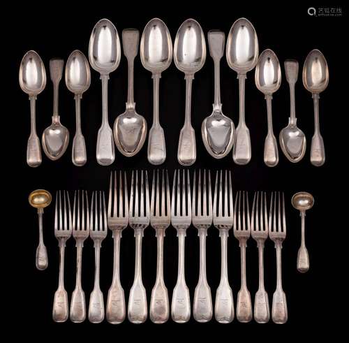 A Victorian silver Fiddle & Thread pattern part flatware...