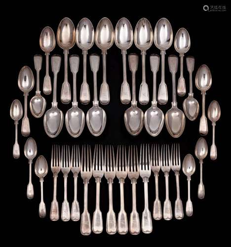 A Victorian silver Fiddle & Thread pattern part flatware...