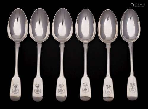 Six Victorian Scottish silver Fiddle pattern dessert spoons,...