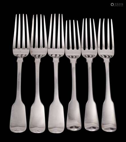 Six assorted silver Fiddle pattern table forks, various make...