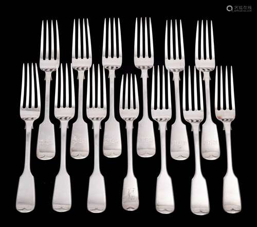 A set of six Victorian silver fiddle pattern dessert forks, ...