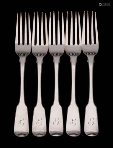 A set of five George IV silver Fiddle pattern table forks, m...