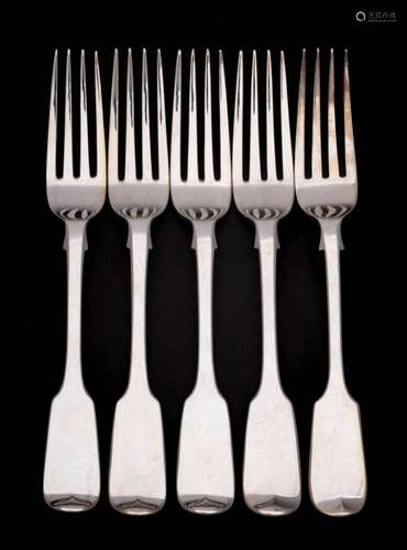 A set of five Victorian silver Fiddle pattern table forks, m...