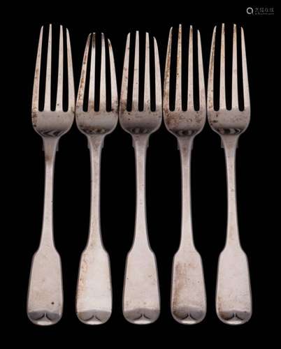 A set of five George IV silver Fiddle pattern dessert forks,...