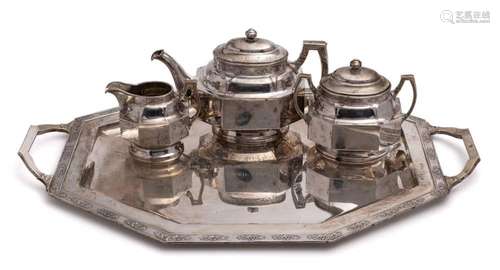 A silver three-piece tea service with matching tray, possibl...