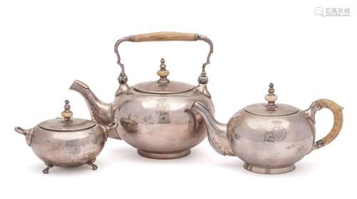 A German white metal three-piece part tea service, bears mar...