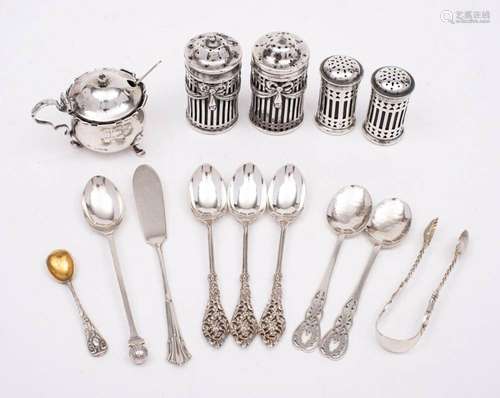 A mixed lot of silver condiments,