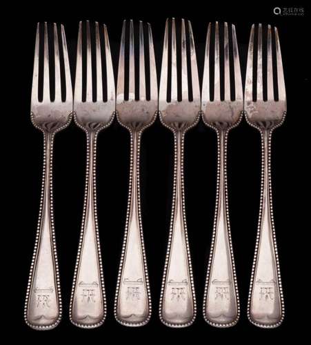 A set of five Victorian silver Bead pattern table forks, mak...