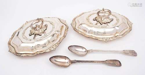 A pair of silver plated entree dishes and covers: of oval ou...