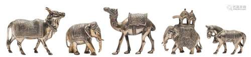 A collection of five Indian white metal animal models: inclu...