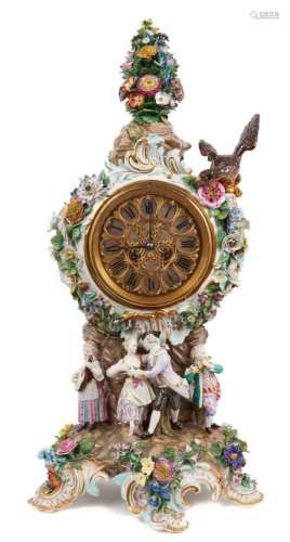 Large 19th century Meissen porcelain clock with floral encru...