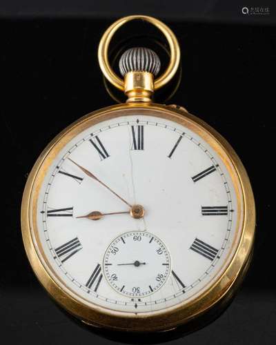 An 18ct gold keyless open-faced pocket watch: the three-quar...