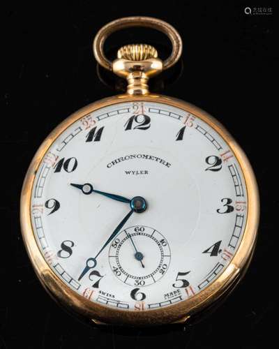 Wyler, Chronometre, a 14 carat gold pocket watch,: the white...