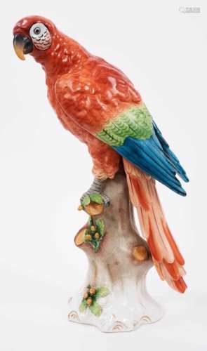 Large continental porcelain model of a parrot, possibly Sams...